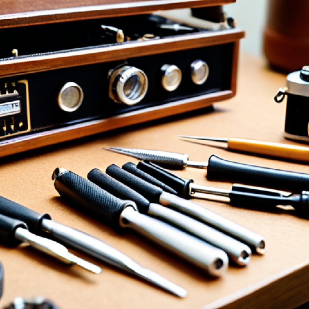 **Close-up of vintage camera repair tools** A meticulously organized workspace featuring precision screwdrivers, tweezers, and a magnifying glass illuminated by a soft, diffused light. Focus on the intricate details of the tools and the delicate craftsmanship of analog camera parts. Background subtly blurred to emphasize depth of field.