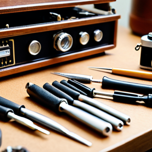 **Close-up of vintage camera repair tools** A meticulously organized workspace featuring precision screwdrivers, tweezers, and a magnifying glass illuminated by a soft, diffused light. Focus on the intricate details of the tools and the delicate craftsmanship of analog camera parts. Background subtly blurred to emphasize depth of field.