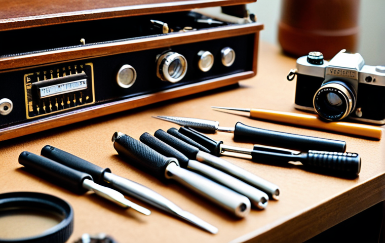 **Close-up of vintage camera repair tools** A meticulously organized workspace featuring precision screwdrivers, tweezers, and a magnifying glass illuminated by a soft, diffused light. Focus on the intricate details of the tools and the delicate craftsmanship of analog camera parts. Background subtly blurred to emphasize depth of field.