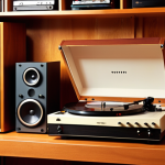 **

Vintage stereo system with a turntable, amplifier, and speakers. Focus on the analog audio filter placed between the turntable and amplifier. Soft, warm lighting, emphasizing the retro aesthetic. The setting is a cozy listening room with vinyl records displayed on shelves.

**