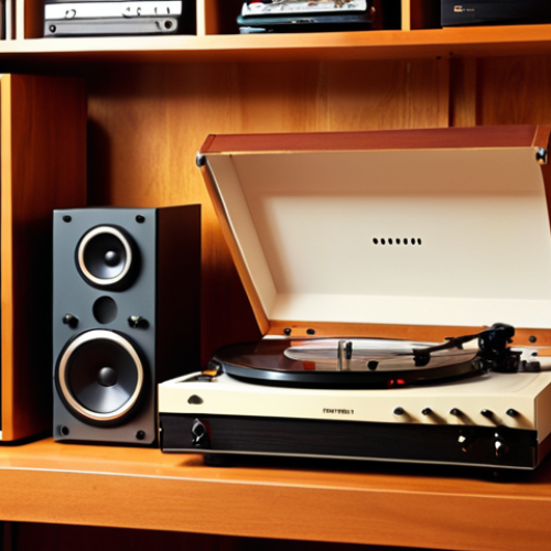 **

Vintage stereo system with a turntable, amplifier, and speakers. Focus on the analog audio filter placed between the turntable and amplifier. Soft, warm lighting, emphasizing the retro aesthetic. The setting is a cozy listening room with vinyl records displayed on shelves.

**
