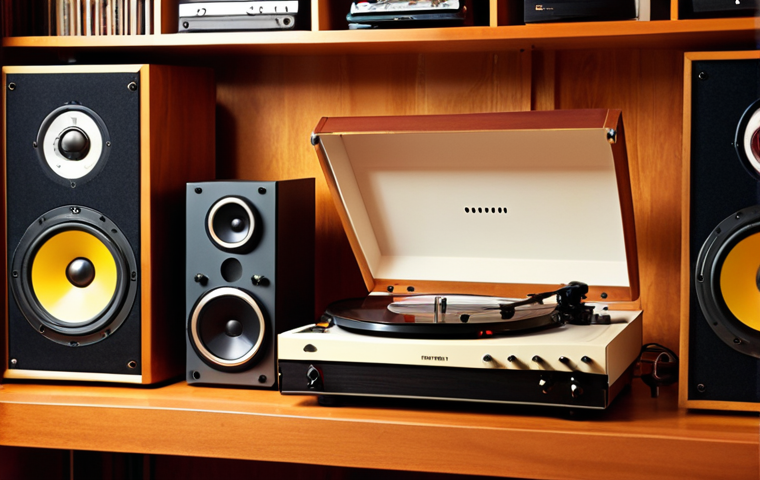 **

Vintage stereo system with a turntable, amplifier, and speakers. Focus on the analog audio filter placed between the turntable and amplifier. Soft, warm lighting, emphasizing the retro aesthetic. The setting is a cozy listening room with vinyl records displayed on shelves.

**