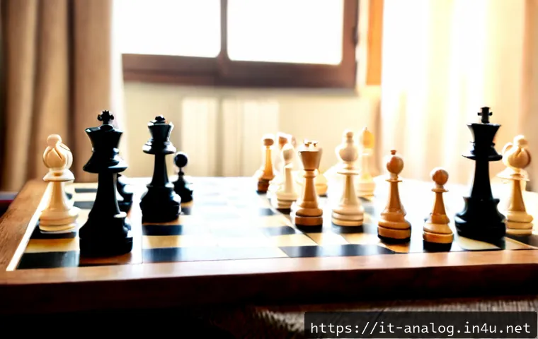 아날로그 체스 - Photorealistic close-up of a classic analog chessboard with handcrafted wooden pieces arranged mid-g...