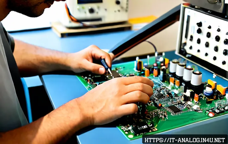 아날로그 회로 설계 - Photorealistic close-up of an analog circuit design engineer at a clean modern electronics workbench...